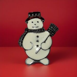 Vintage Signed Lia Enamel & Marcasite‎ Snowman Brooch — Rhinestone Christmas Pin